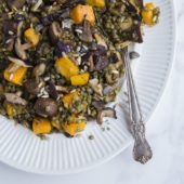 lentil, squash and mushroom salad on platter with serving spoon