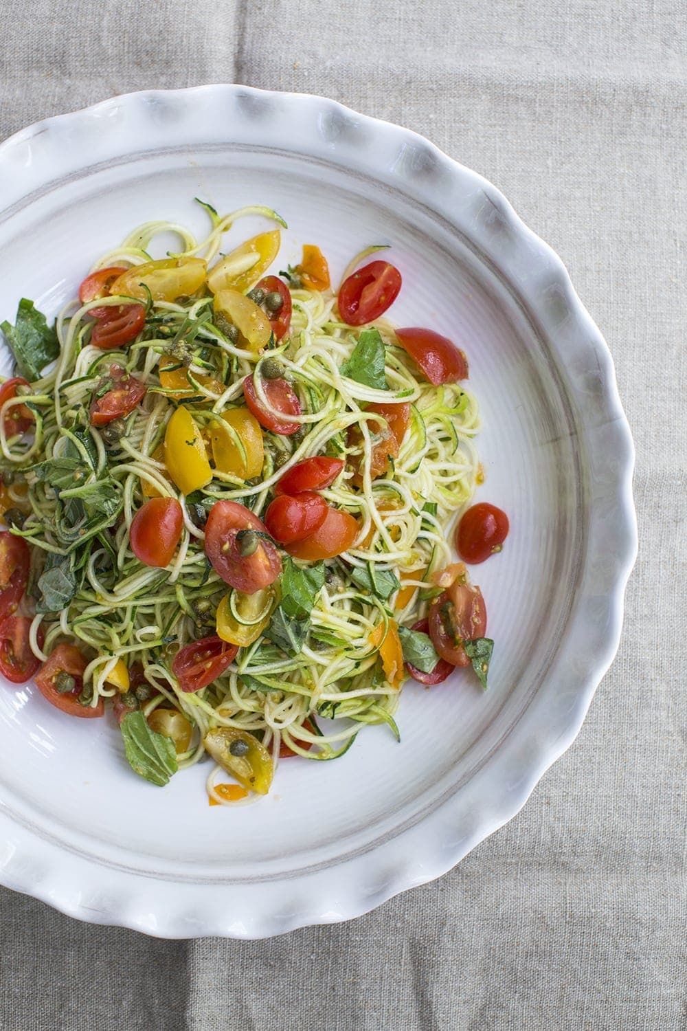 Zoodles (Zucchini Noodles) with Tomatoes and Capers Recipe - A