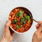 bowl of vegan chili with spoon