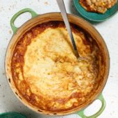 vegan shepherd's pie in pot with spoon