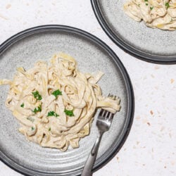 fettuccine alfredo on gray plates with fork