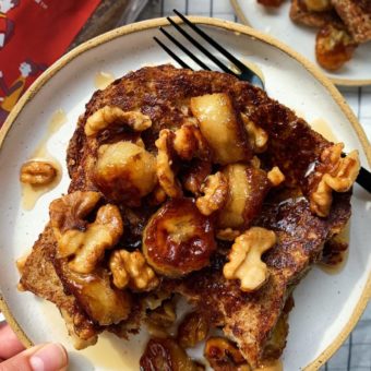 vegan french toast with caramelized banana and walnut