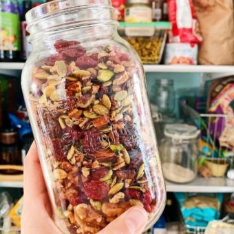 glass jar of Trader Joe's trail mix
