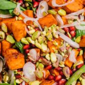 roasted sweet potatoes pistachios spinach and pomegranate