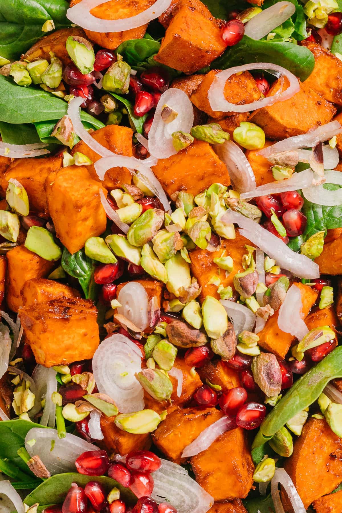 Roasted Sweet Potato Spinach Salad + Tahini Dressing