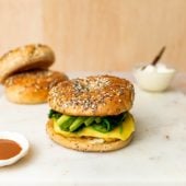 bagel with chickpea egg, spinach and avocado
