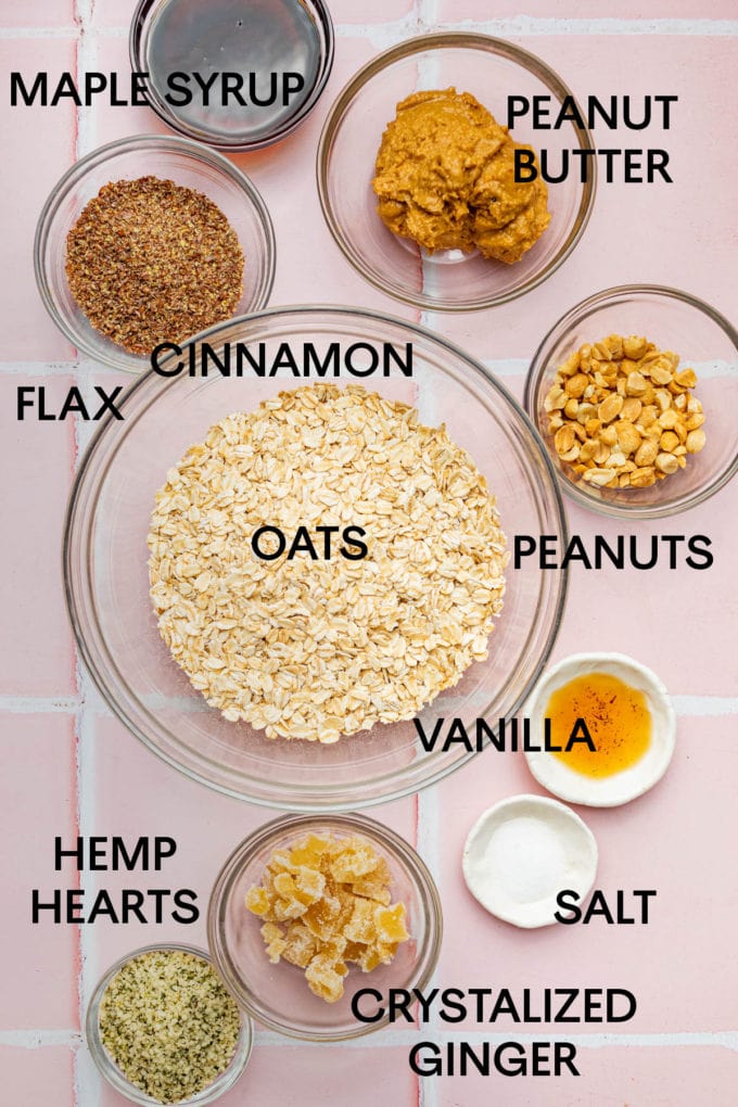 low fodmap granola bar ingredients in glass bowls