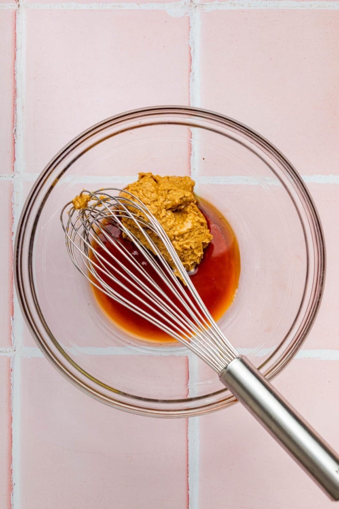 mixing bowl with maple syrup and peanut butter