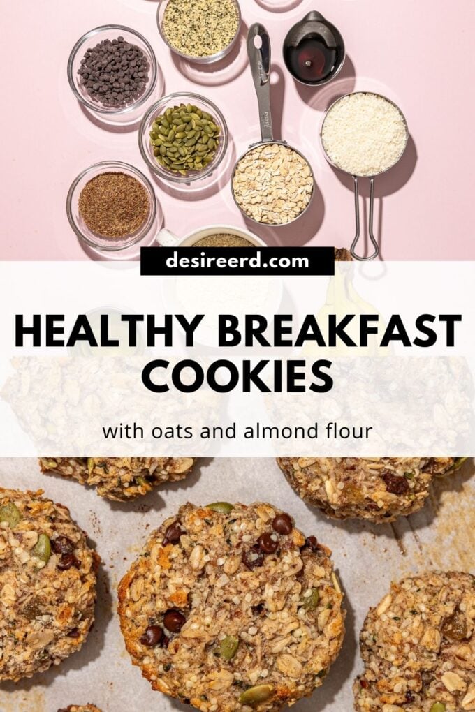 pinterest graphic of breakfast cookies on paper with cups of seeds, oats and coconut
