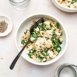 tofu scramble in white bowl with glasses