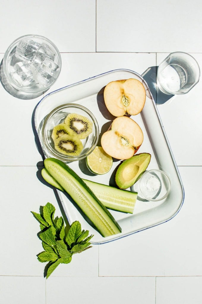 cucumber smoothie ingredients on a glass tray