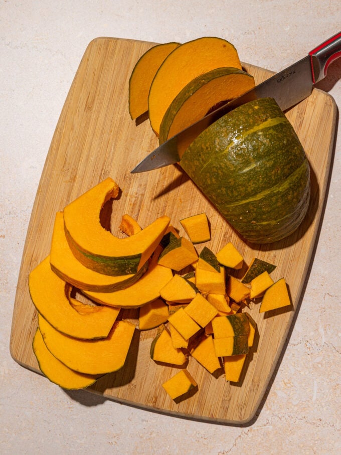 cutting kabocha squash with a knife