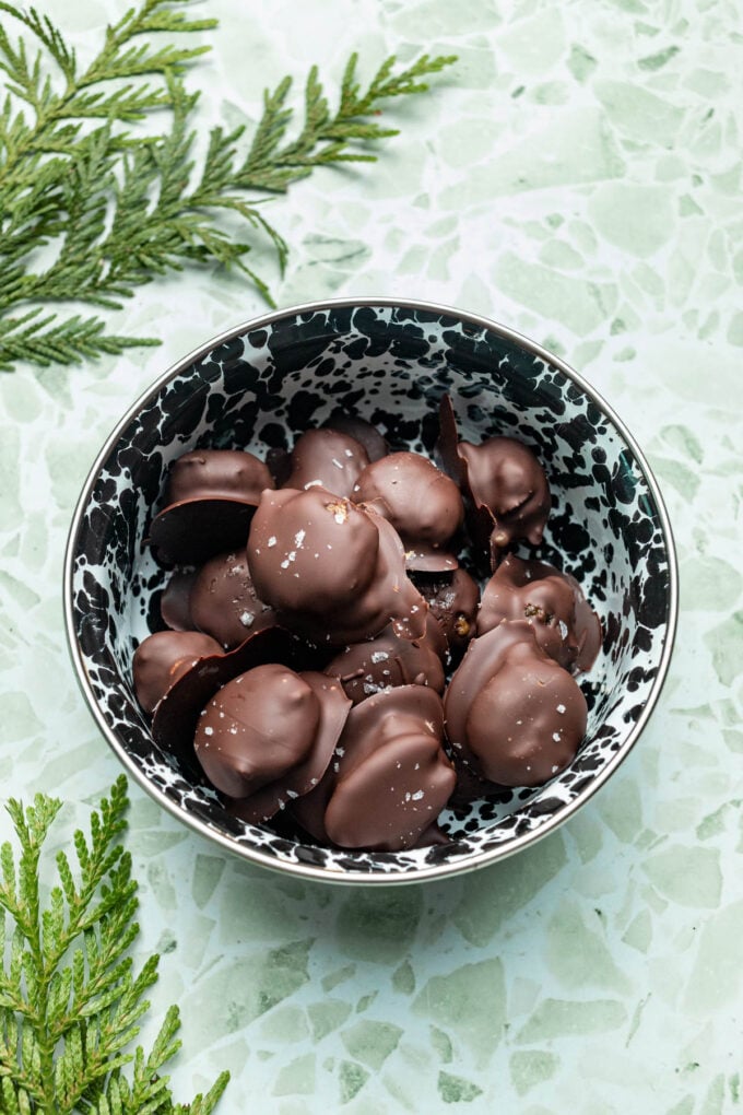 vegan turtles in black and white bowl with tree leaves