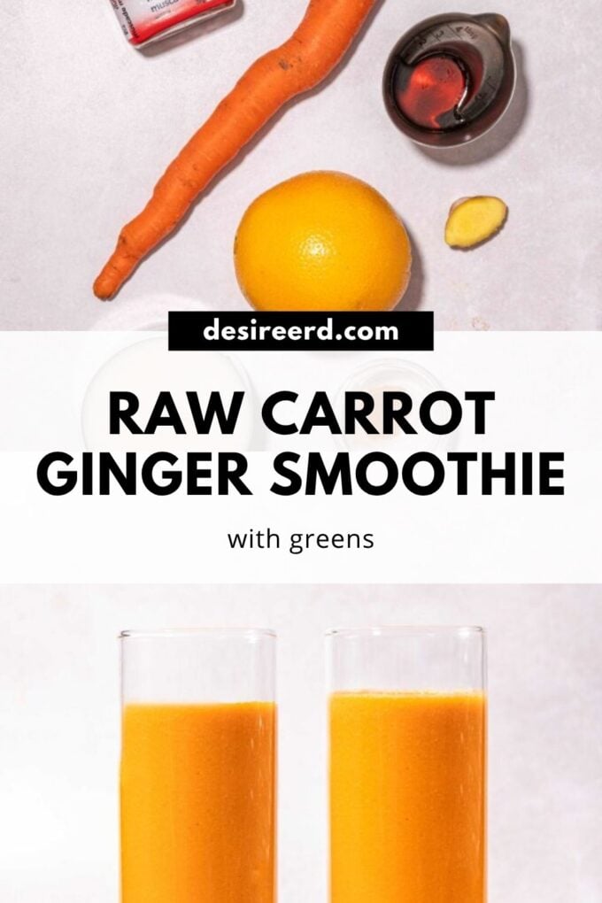 pinterest graphic of orange smoothie in glasses with raw carrot, ginger and orange on pink background