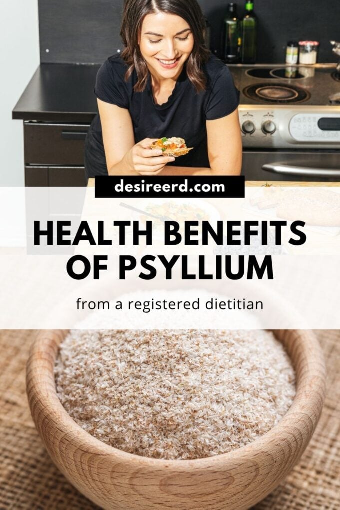 pinterest graphic of desiree nielsen rd in kitchen with bowl of psyllium