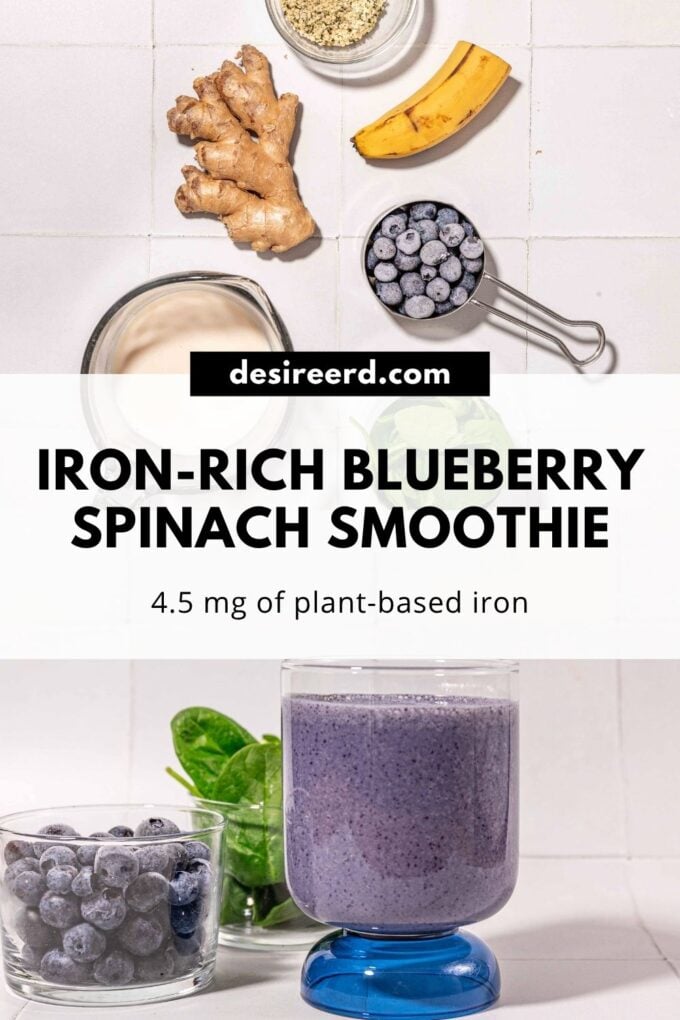 pinterest graphic of blueberry smoothie in blue glass with bowl of blueberries, banana, and ginger