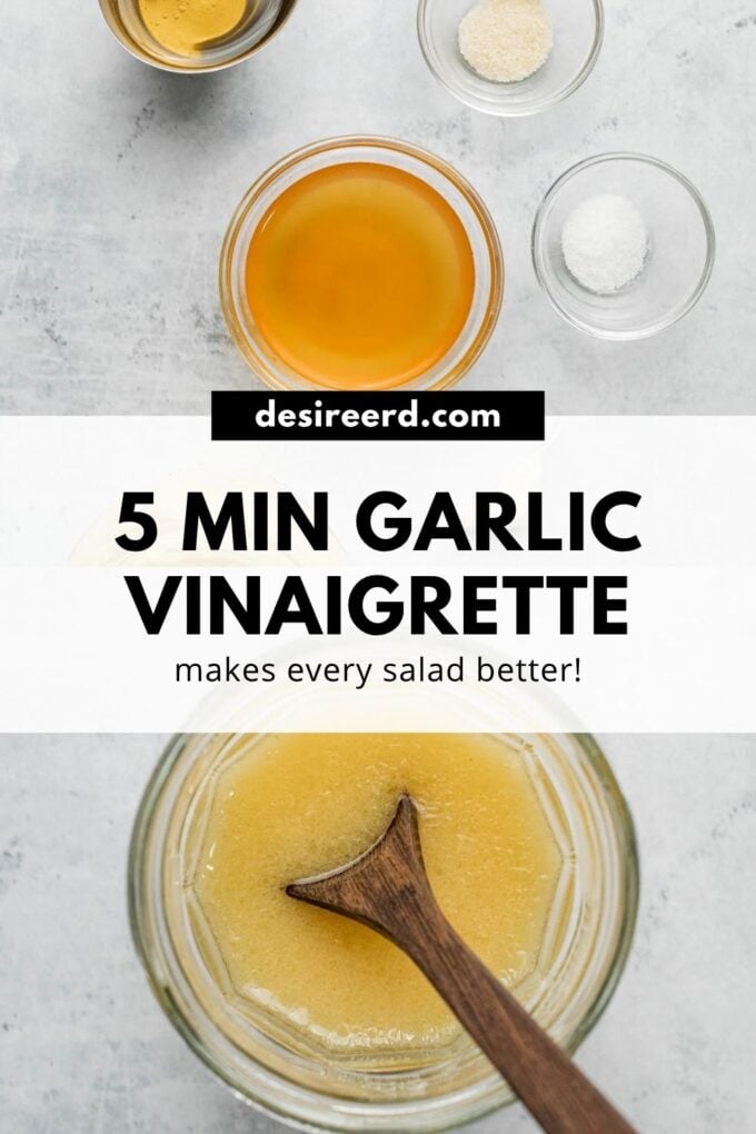 pinterest graphic of garlic vinaigrette in jar with wooden spoon