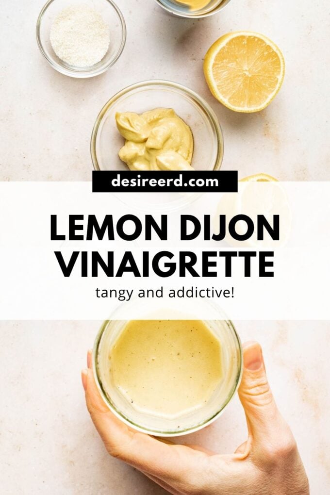 pinterest graphic of hand holding jar of salad dressing with lemons and dijon mustard in bowls