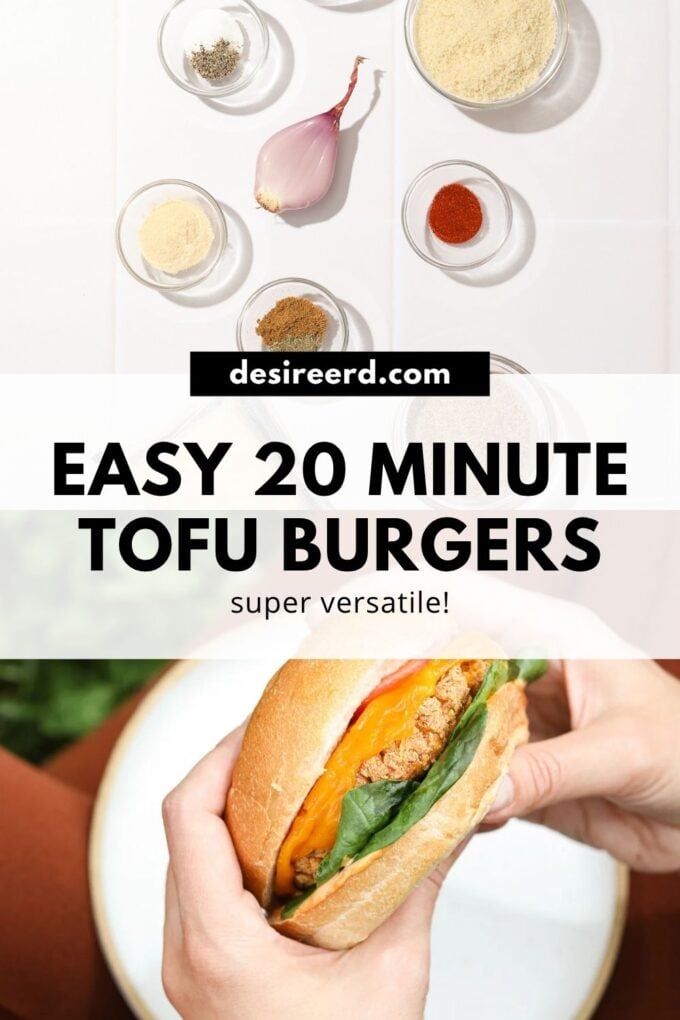 pinterest graphic of spices in glass bowls and hands holding a tofu burger