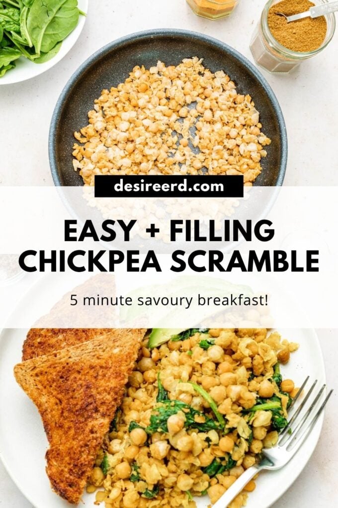 pinterest graphic of smashed chickpeas in skillet and on a white plate with toast and a fork