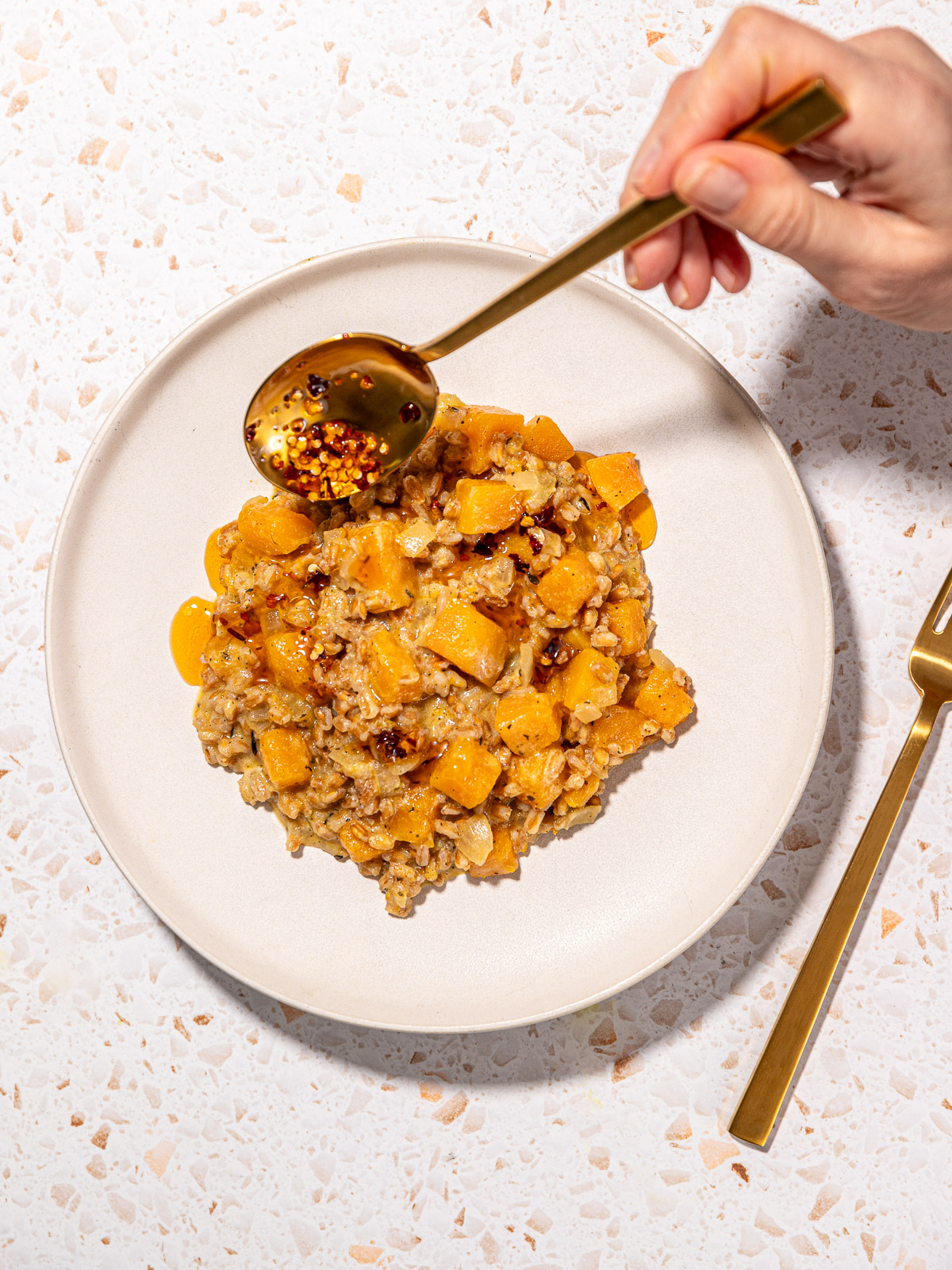 Vegan Farro Risotto with Butternut Squash - Desiree Nielsen