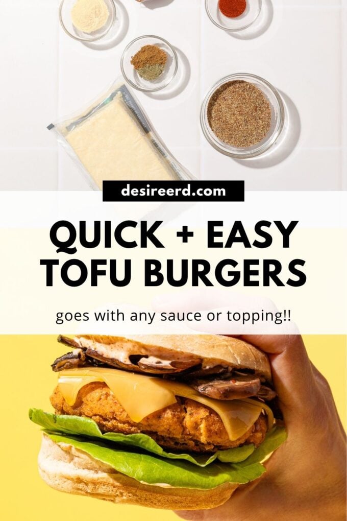 pinterest graphic of hand holding tofu burger beside tofu burger ingredients