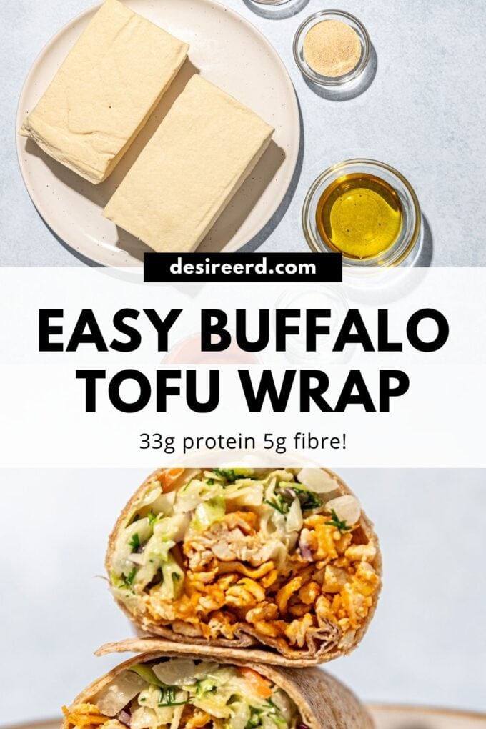 pinterest graphic of wrap with grated tofu and plate of tofu and buffalo sauce