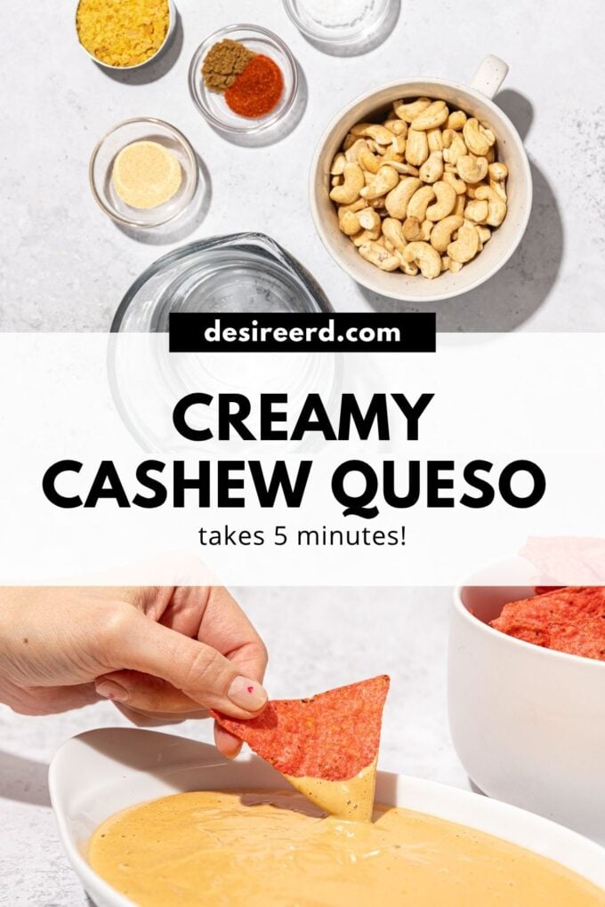 pinterest graphic of hand dipping chip into queso, with bowl of cashews and spices