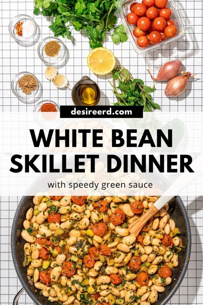pinterest graphic of white bean and tomatoes in skillet with wooden spoon and ingredients laid out