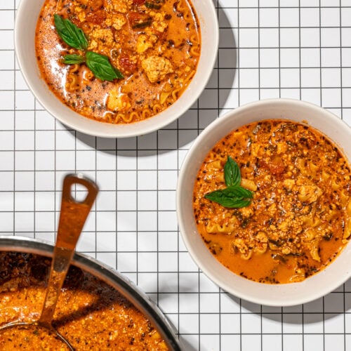 Nourishing Vegan Lasagna Soup with Tofu Crumbles - Desiree Nielsen