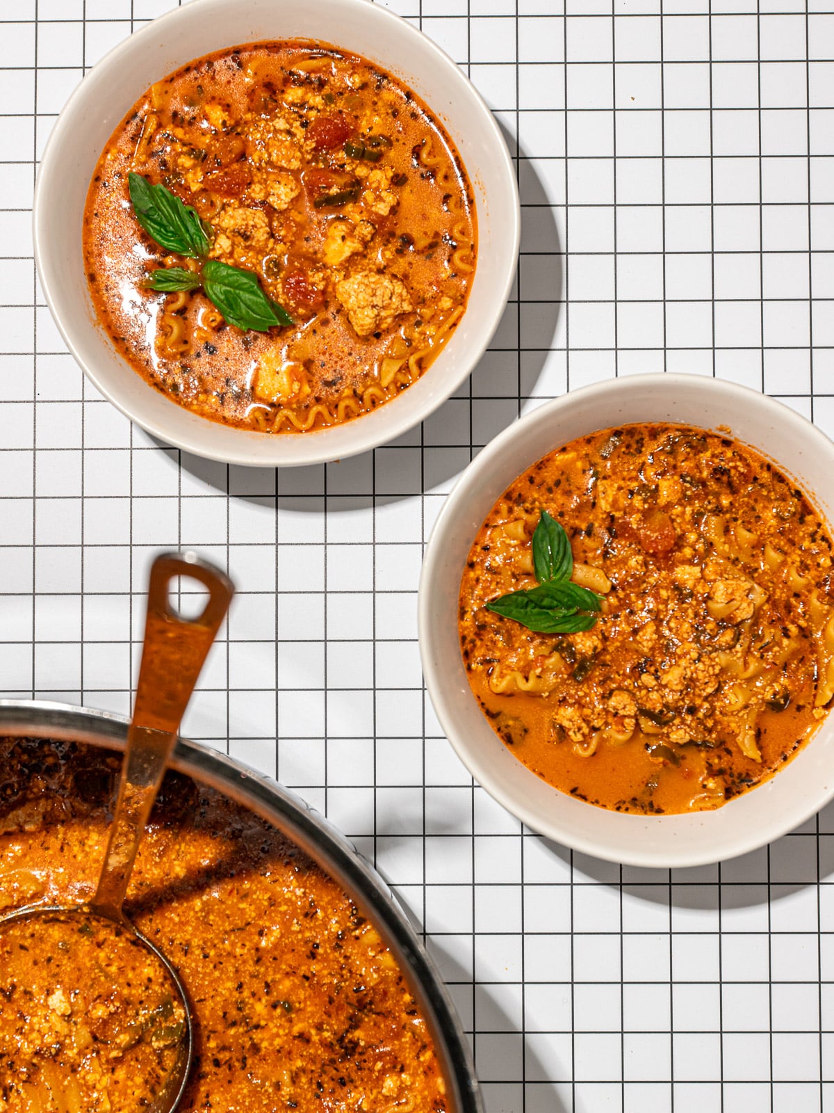 Nourishing Vegan Lasagna Soup with Tofu Crumbles - Desiree Nielsen