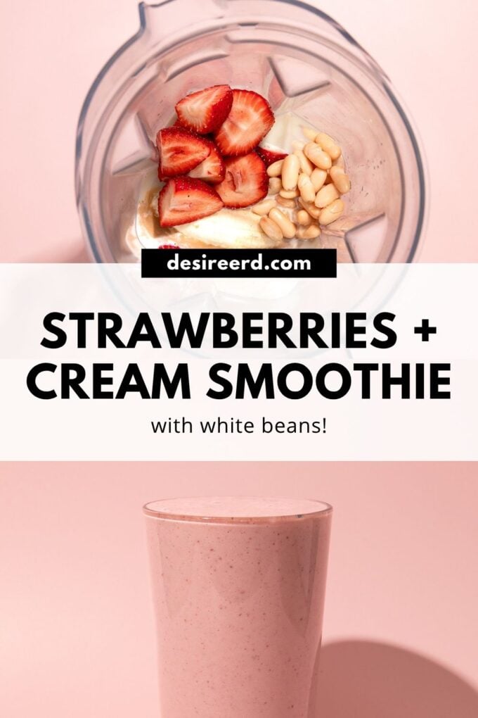 pinterest graphic of strawberry smoothie and strawberries and white beans in blender
