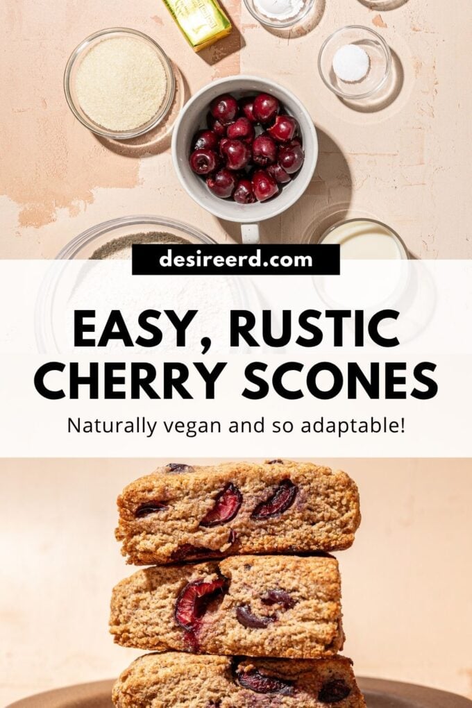 pinterest graphic with a stack of cherry scones and cherries in a bowl