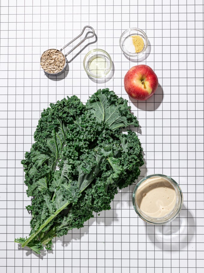 bunch of kale, apple, and sunflower seeds on white grid background