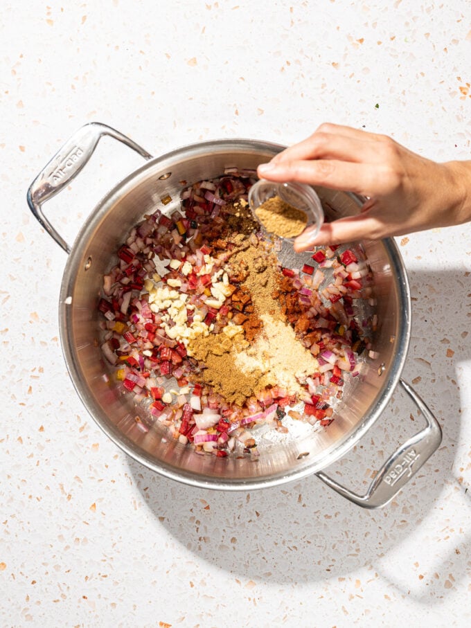 hand adding cumin to pot of red onion