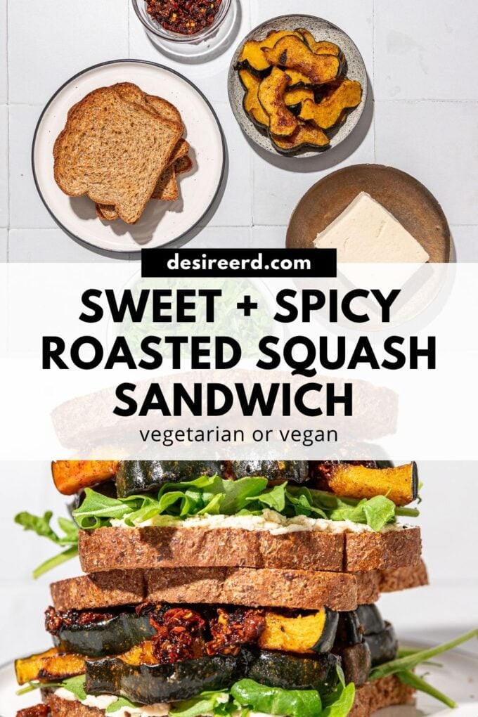 pin of squash and arugula sandwich stack with slices of bread and squash on plates