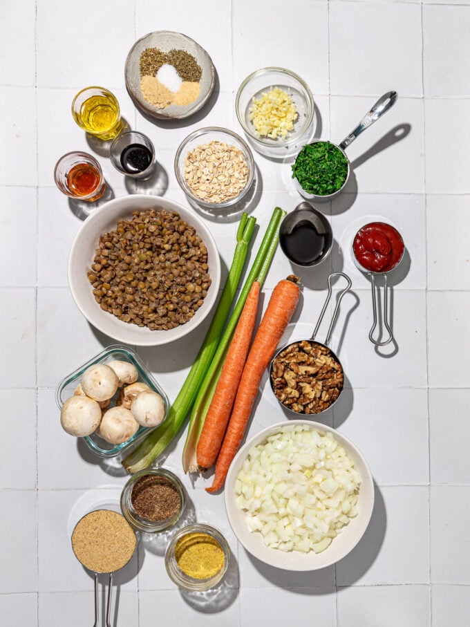 carrots, celery, bowls of lentils, onion, ketchup, walnuts and mushrooms