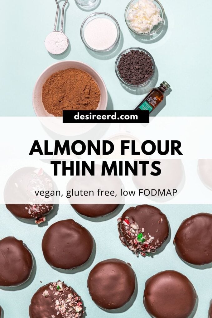 Pinterest graphic of chocolate coated cookies on mint background with bowls of cocoa, chocolate chips and coconut oil