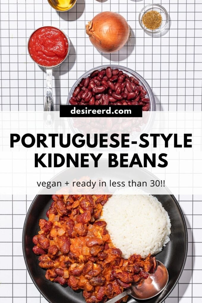 pinterest graphic of saucy kidney beans and rice in black bowl alongside bowl of kidney beans, onion, tomato sauce and cumin