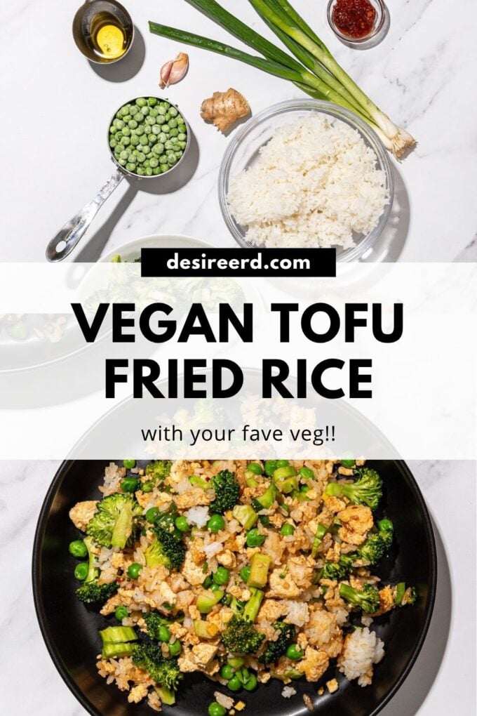 pinterest graphic of black bowl with crumbled tofu fried rice beside bowls of ingredients: jasmine rice, frozen peas, tofu and green onions