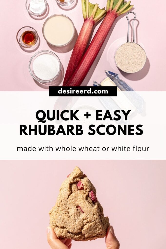 pinterest graphic of a rhubarb scone beside the ingredients like flour and rhubarb