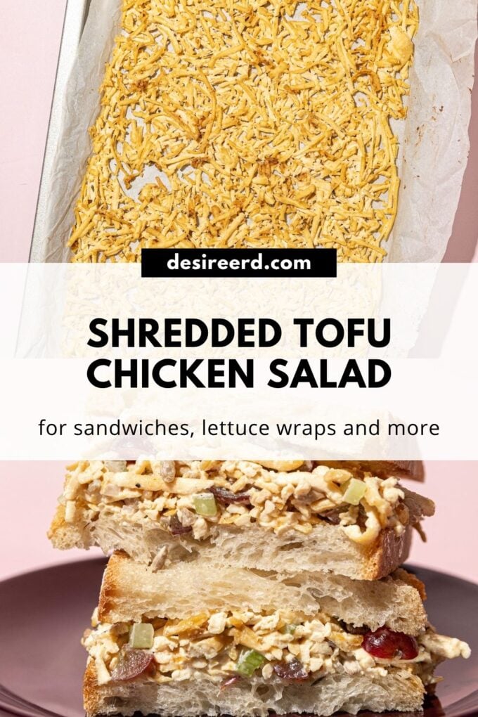 Dessin Pinterest d'un sandwich végétalien à la salade de poulet à côté d'un plateau de tofu râpé cuit au four