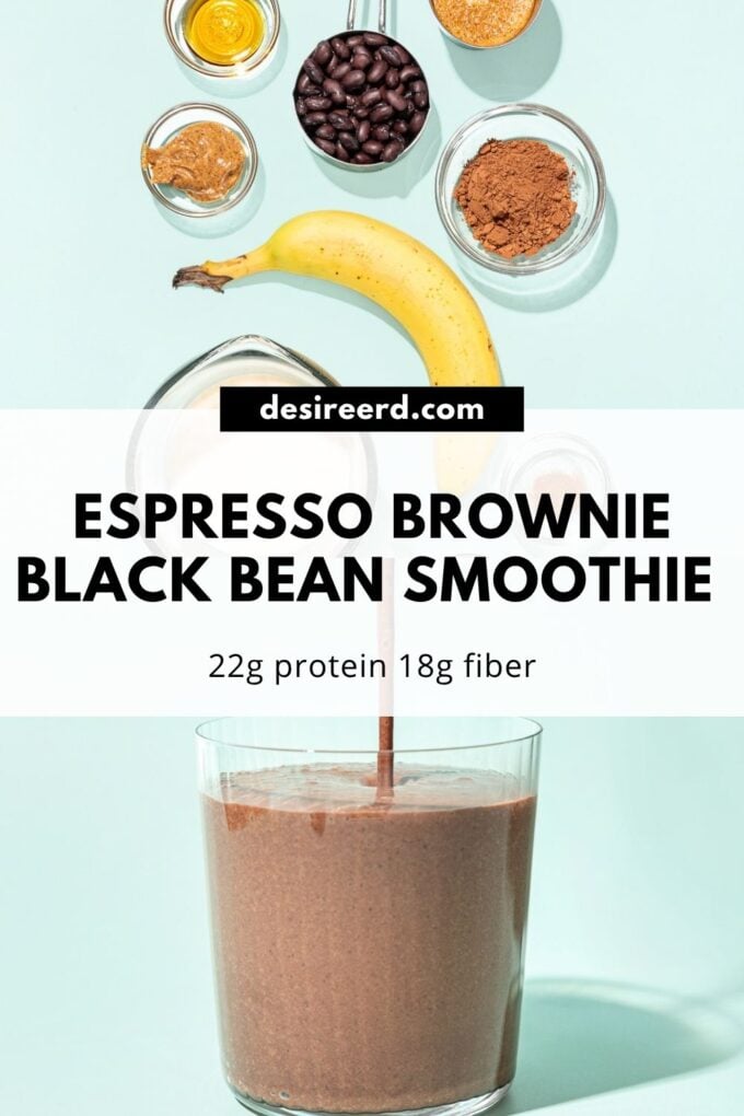 pinterest graphic of chocolate black bean brownie smoothie in glass beside the ingredients: banana, black beans, cocoa powder, cinnamon, almond butter in small glass bowls