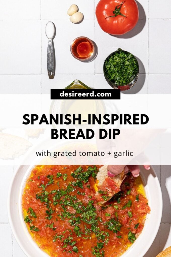 pinterest graphic of hand dipping bread into tomato and olive oil dip, beside arrangement of ingredients: minced parsley in a cup, a whole tomato and salt.