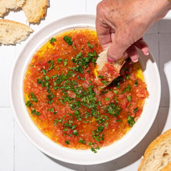 hand dipping bread into tomato, parsley and olive oil bread dip