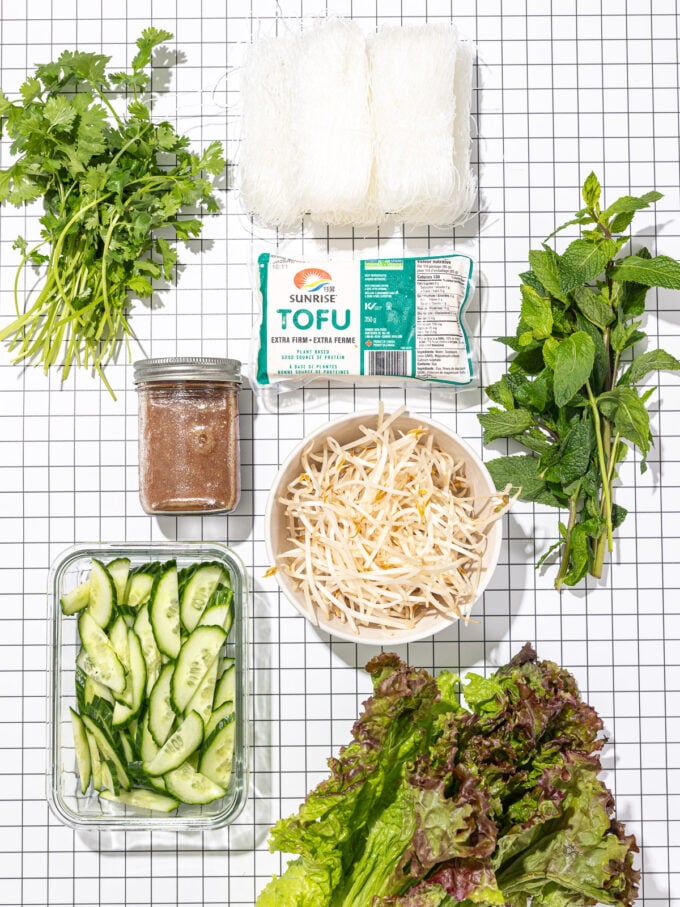 red leaf lettuce, mint, cilantro, tofu, bean sprouts, vermicelli and cucumber on a black and white checkerboard cloth