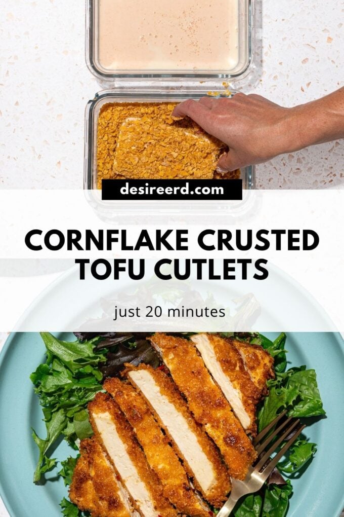 Pinterest graphic of sliced tofu cutlet on a bed of greens on a blue plate, beside an image of a hand breading the tofu in crushed cornflakes