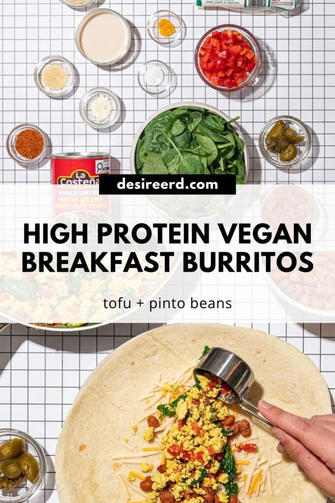 pinterest graphic of hand topping a tortilla with tofu scramble, beside an assortment of ingredients like spinach and taco seasoning in bowls.