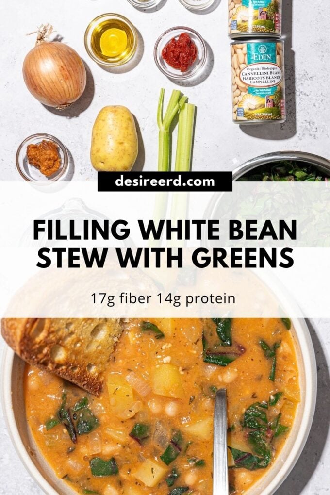 pinterest graphic of image of white bean stew in white bowl beside image of ingredients: cans of white beans, celery, onion, potato and tomato paste