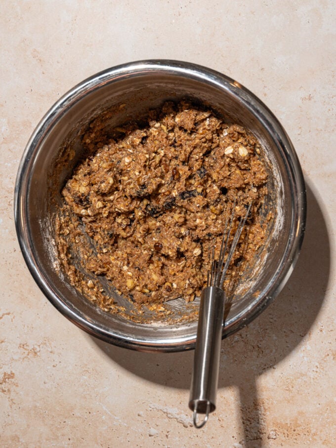 metal mixing bowl with high fiber prune cookie batter